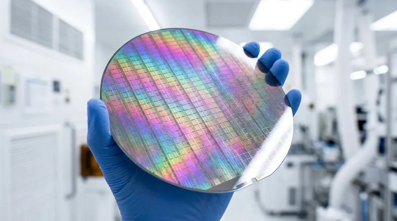 ダイの並びとノッチが見える半導体ウェハーを、青い手袋で縁を持って掲げているところ