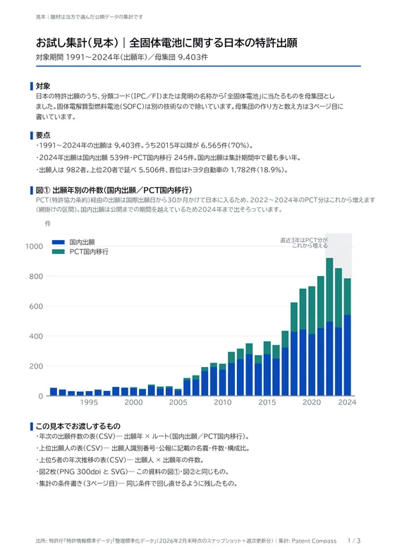 お試し集計の資料 1ページ目｜対象・要点・年次の出願件数